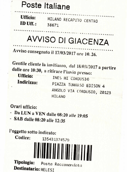 Raccomandata 18-03-2017